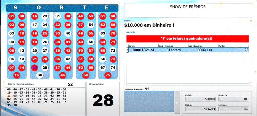 Tela do Alpha Sorteio durante a apuração de um bingo